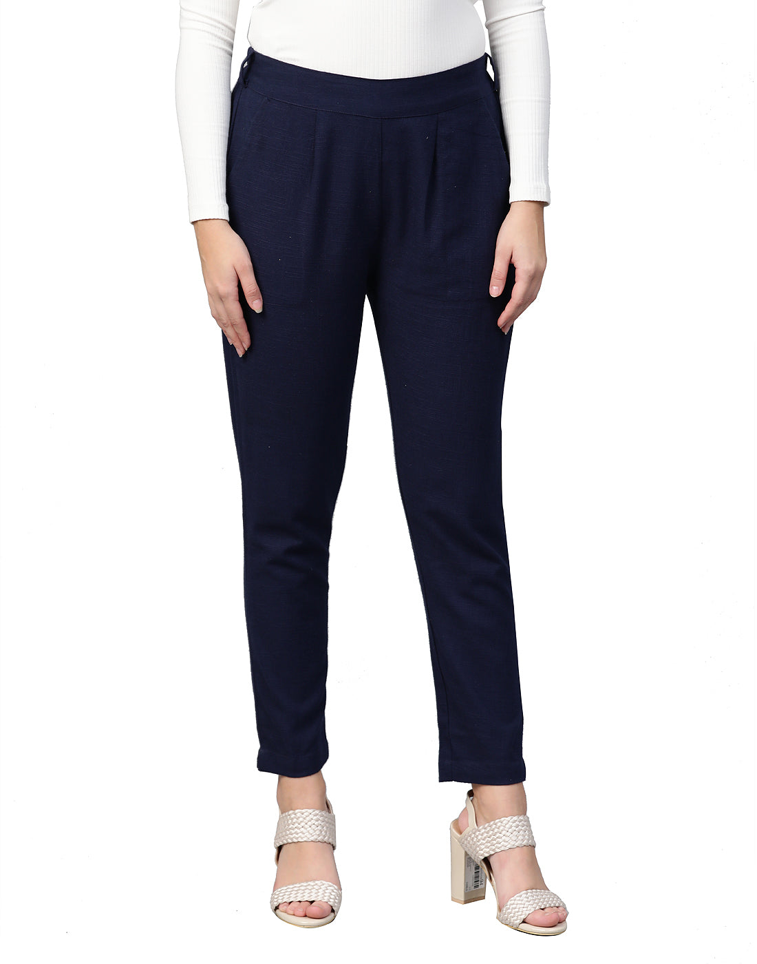 Smarty Pants women's cotton lycra bell bottom navy blue formal trouser